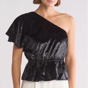 7 For All Mankind Shimmering Black One-Shoulder Blouse